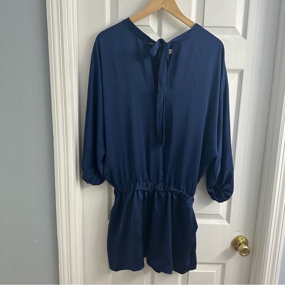 Ramy Brook Diane Romper Spring Navy Blue Long Sleeve Satin Chic Size Medium New - Picture 3 of 8